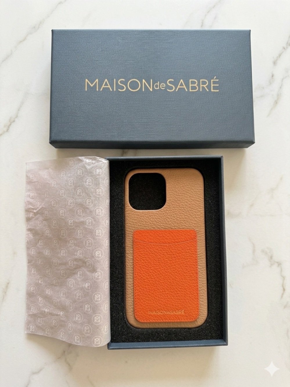 MAISON de SABRÉ Tan Leather iPhone 13 Max Pro Case with Orange Card Pocket